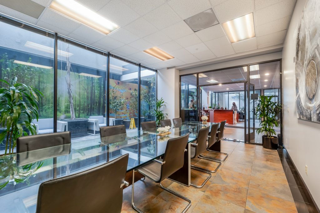 Glass-walled meeting space