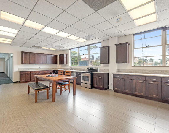 company break room with large windows