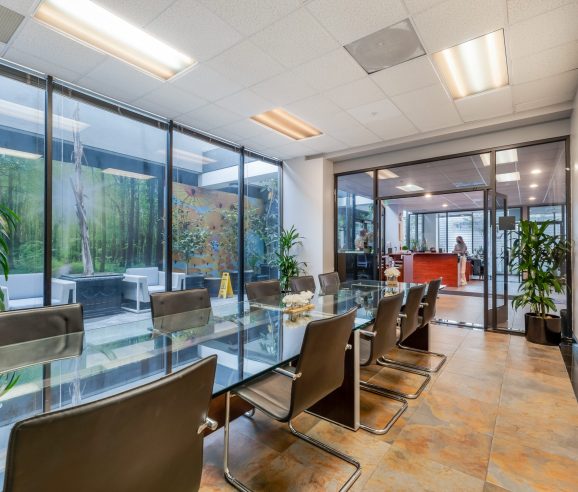 Glass-walled meeting space