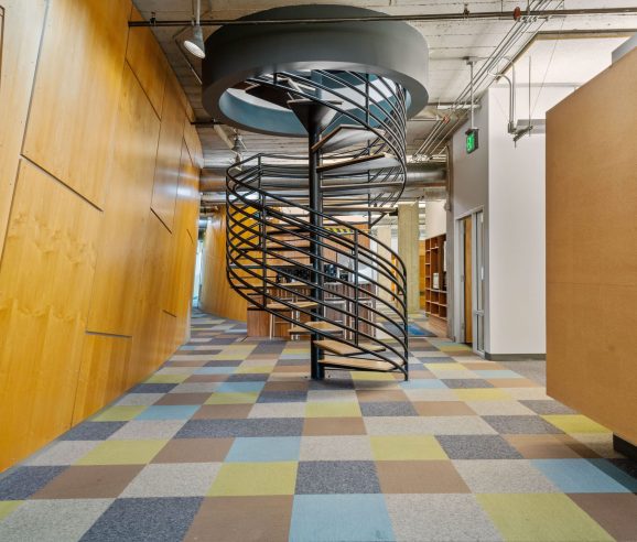 Hall way with spiral stair case